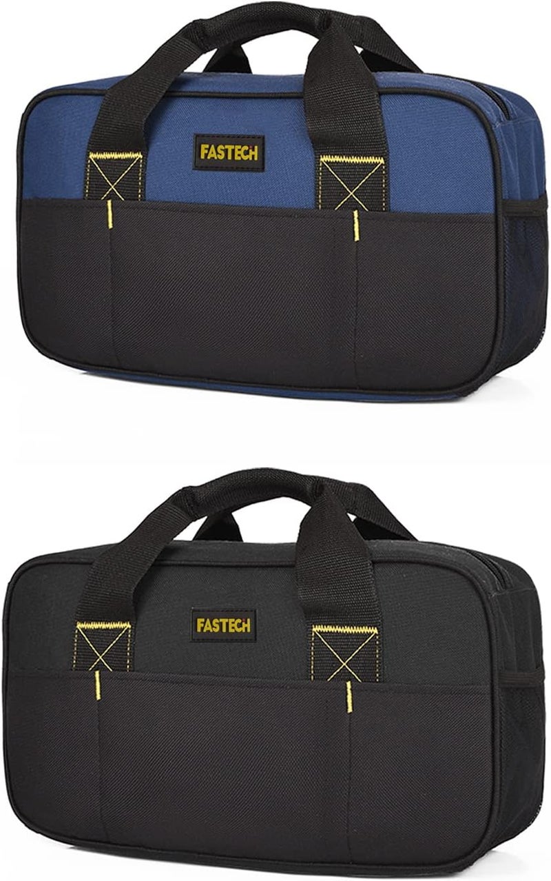 FSATECH 14 Inch Small Tool Bag, Wide Mouth Tool Tote Bag, Waterproof Tool Organizer Bag, Electricians Repairman Tools Tote Bag Double Fabric Storage Bag (Black+Blue) - Image 1